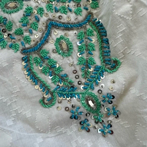 Embroidered White and Green Women's Top - Picture 2 of 3